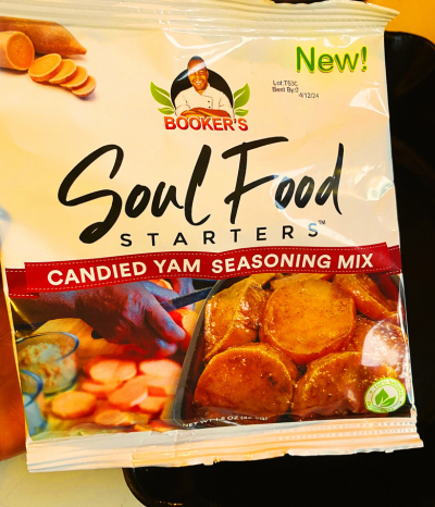 the front of packaging of Booker's yam seasoning kit in sealed nylon packaging